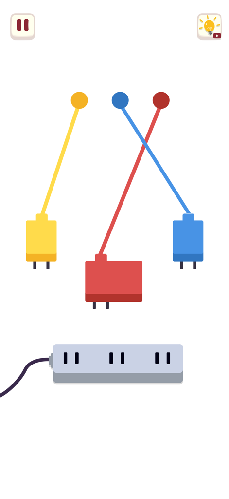 Satisfying Organize Mini games - Um nível simples de jogo móvel mostrando plugues amarelos, vermelhos e azuis sendo organizados em uma régua de energia.