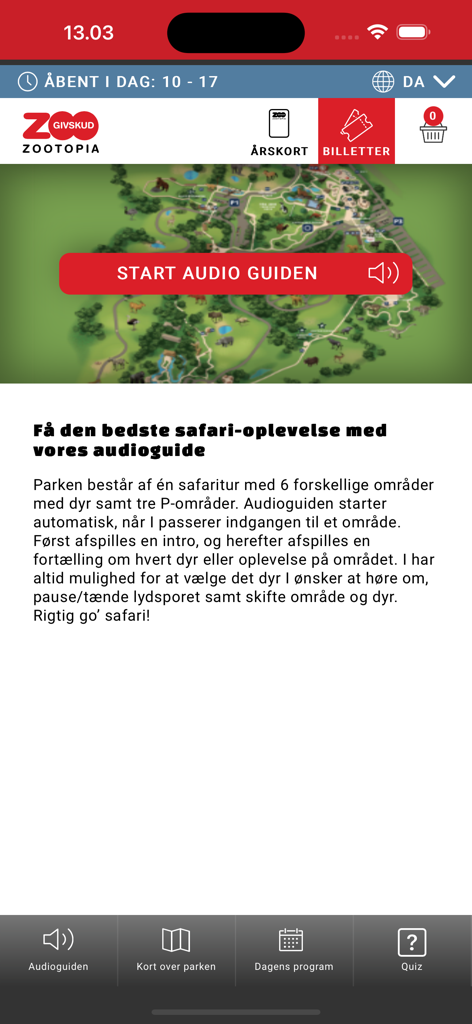 Givskud Zoo - Givskud Zoo app audioguide screen with a start button and safari map