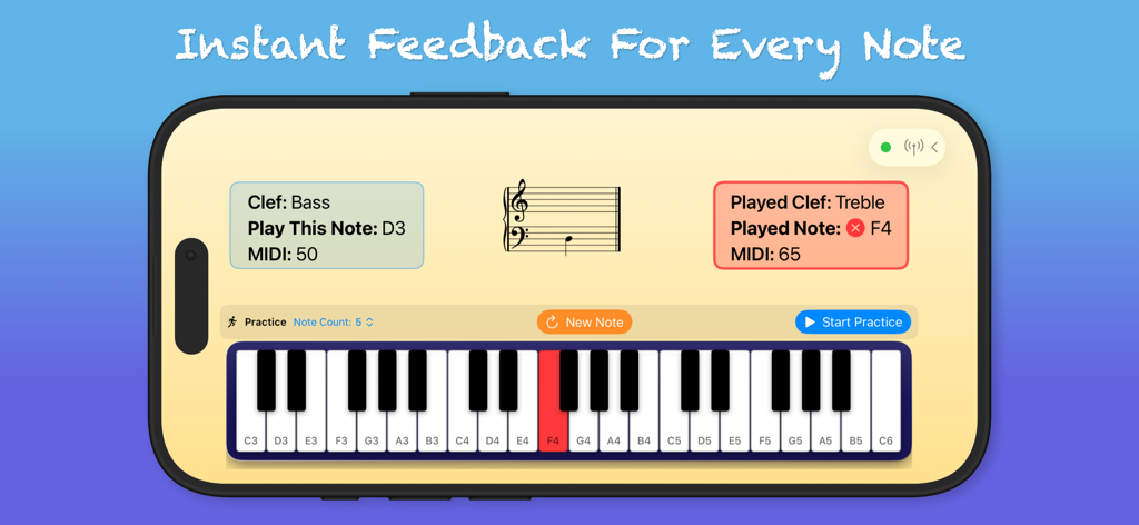 Learn A Note: Note Practice - Tela de smartphone mostrando a interface do aplicativo Learn A Note com feedback visual instantâneo para prática de notas de piano.