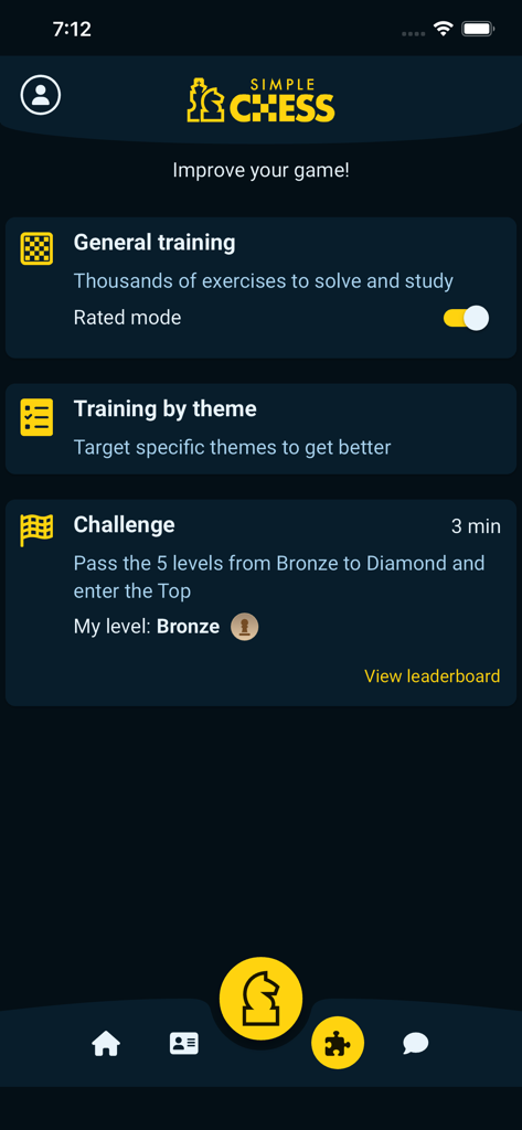 SimpleChess - chess game - Menú de entrenamiento de la aplicación SimpleChess que muestra ejercicios y desafíos