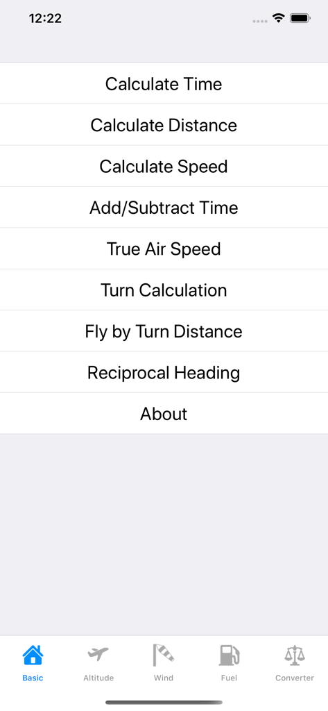 A screenshot of the Flight Calculator app showing the basic menu with calculation options for time distance speed and true air speed