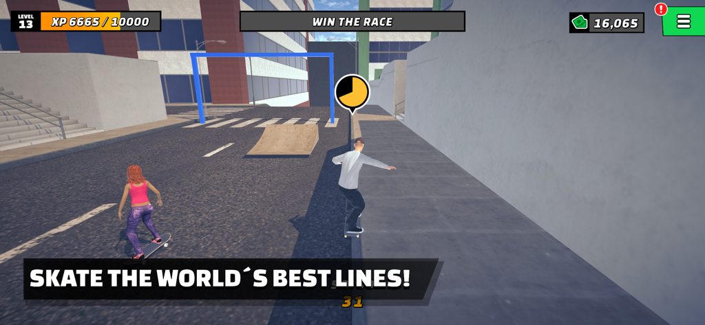 Skate Life 3D - Gameplay screenshot of Skate Life 3D showing characters skateboarding and grinding on a ledge in a city environment.