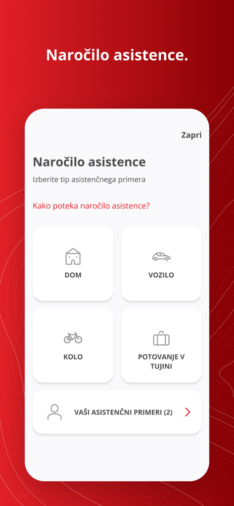 i.triglav - i.triglav app screen for selecting assistance for home vehicle bicycle or travel abroad