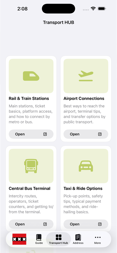 Interfaz de la aplicación Amsterdam Subway Map que muestra el Centro de Transporte con opciones de información sobre trenes, autobuses de aeropuerto y taxis.