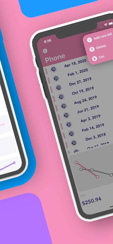 My Home Bills app interface showing a list of past phone bills and an expense trend analysis chart.