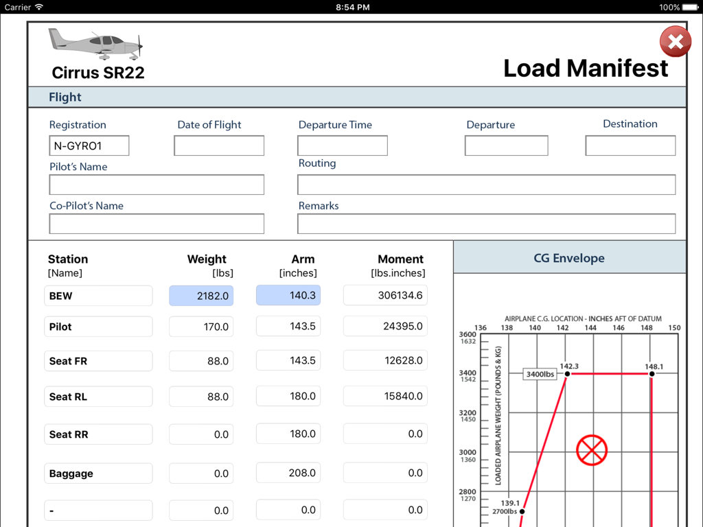 Cirrus SR22 - iPad screenshot of the Cirrus SR22 load manifest screen showing weight calculations and the center of gravity envelope graph