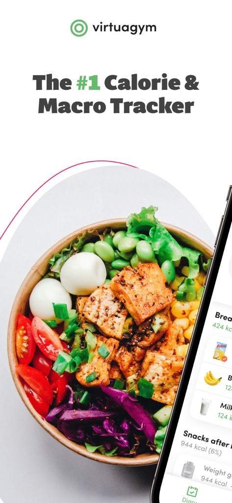 Calories and nutrition tracker - Interfaz de la aplicación Virtuagym Food que muestra un tazón de comida saludable con funciones de seguimiento de calorías y macronutrientes