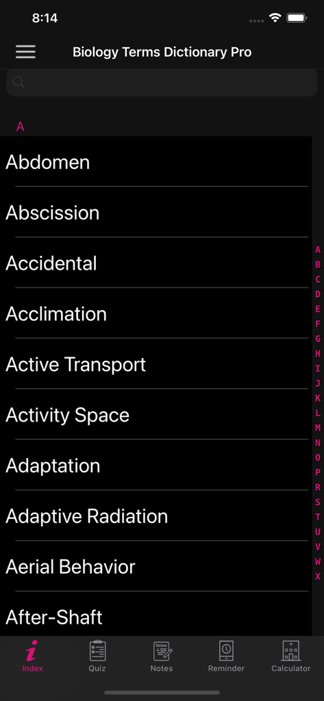Index of the Biology Terms Dictionary Pro app showing an alphabetical list of terms starting with the letter A