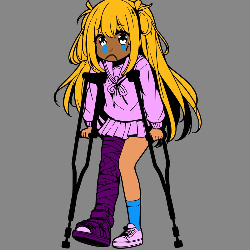 anime girl with a broken ankle and crutches