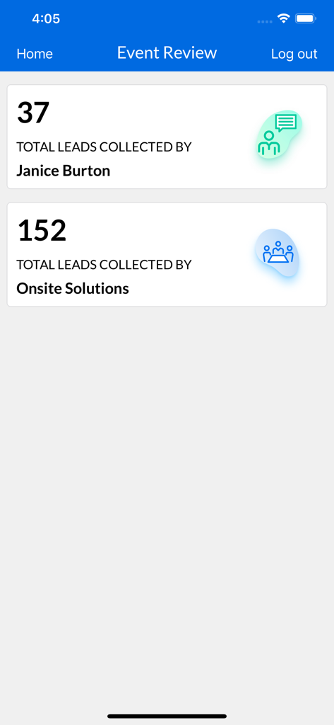 Cvent LeadCapture - Event review screen showing total leads collected by user and organization