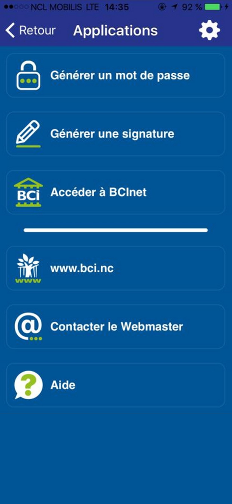 BCIPass app main menu screen with options to generate passwords and digital signatures for banking security.