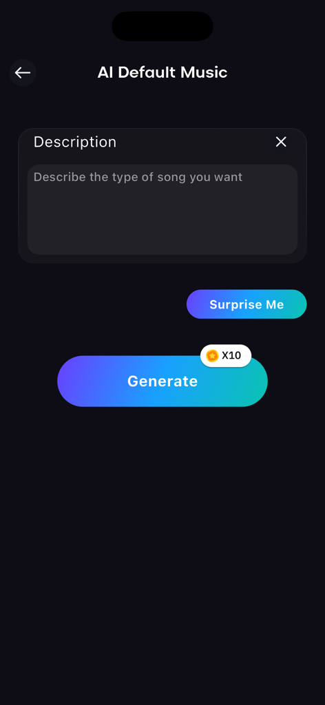 Ai Sound : Ai Music Generator - The music generation interface in the Ai Sound app with a description box and generate button.