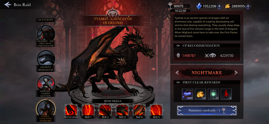 Shadow Slayer: Demon Hunter - Boss Raid interface in Shadow Slayer Demon Hunter showing the Tyamat dragon boss and rewards