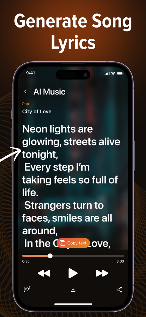 AI Music & Song Generator * - A smartphone showing the AI Music app generating pop song lyrics for City of Love.