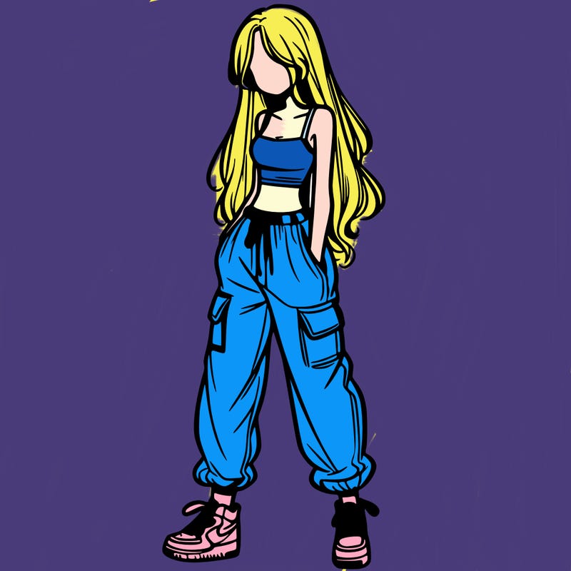 girl in baggy pants crop top and long hair