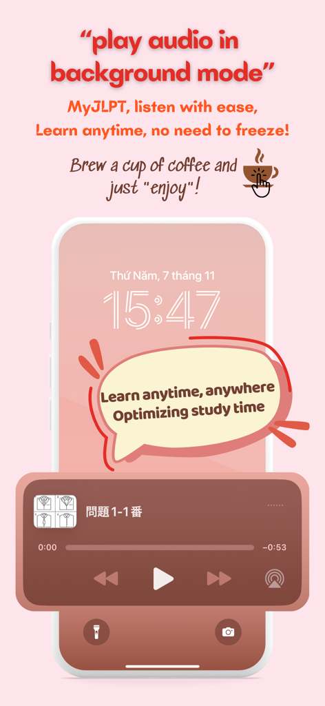 MyJLPT - Player de áudio em segundo plano do aplicativo MyJLPT para prática de audição de japonês na tela de bloqueio do smartphone