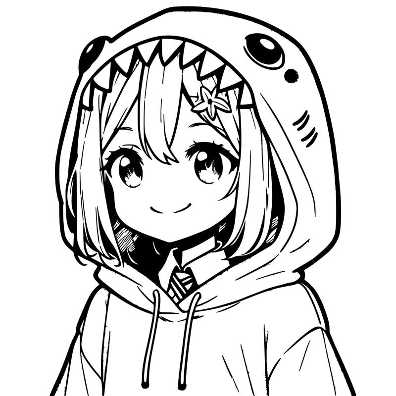 a cute anime girl in a shark hoodie smiling