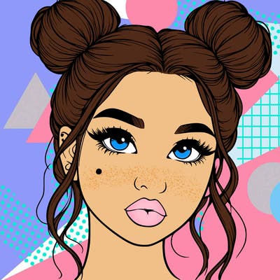 realistic girl with two buns on her hair and lips