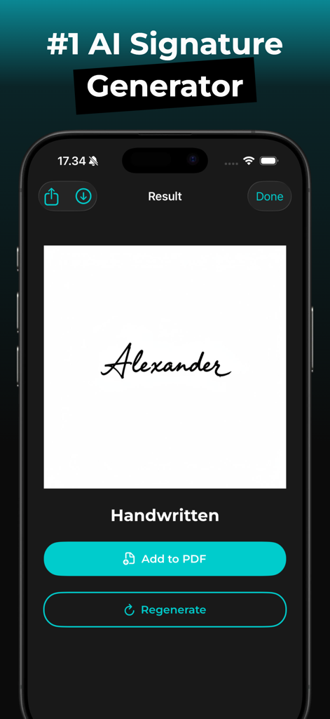AI Signature Maker - AutoSign - アレクサンダーのAI生成手書き署名が、PDFに追加ボタン付きのモバイルアプリ画面に表示されている