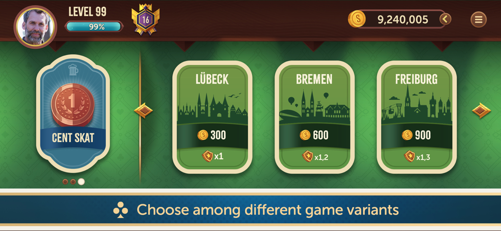 Tela de seleção de variantes de jogo Skat Treff com modos temáticos de cidade e nível de perfil do jogador