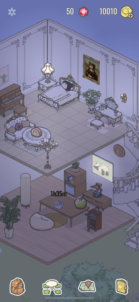 Tuana - A cozy two story house interior with aesthetic furniture and a sleeping character in Tuana
