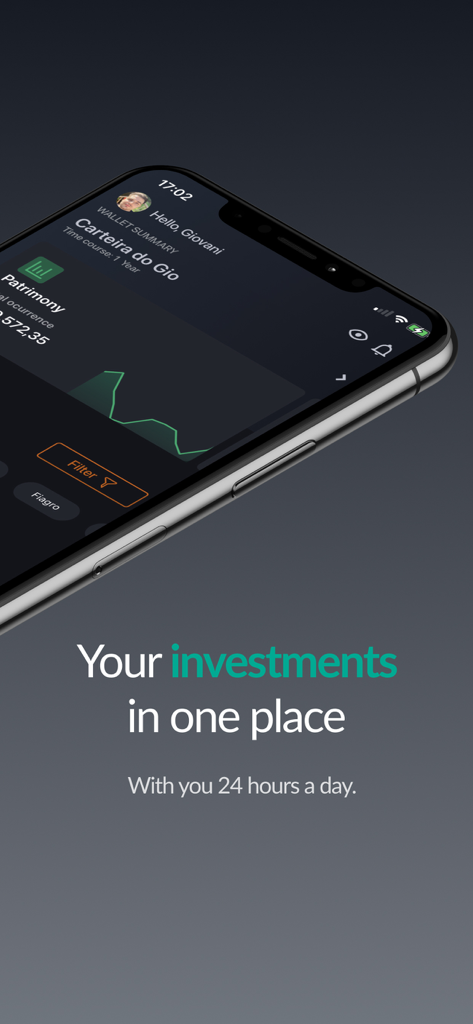 Status Invest - Interface do aplicativo móvel Status Invest exibindo um portfólio de investimentos consolidado e gráfico de desempenho.