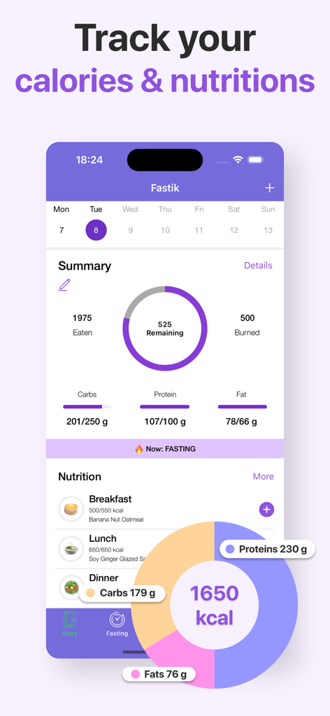 Intermittent Fasting - Fastik - Pantalla de resumen de la aplicación Fastik que muestra las calorías consumidas, quemadas y el desglose de macronutrientes diarios
