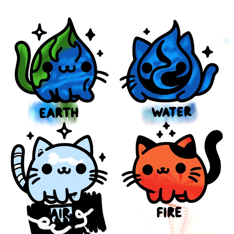 4 cats that represent the different elements, earth, water, air, and fire