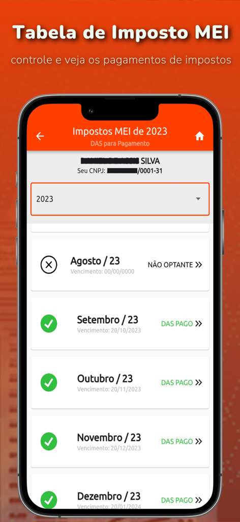 DAS MEI - Emitir Boleto MEI - Pantalla móvil de la aplicación DAS MEI que muestra una lista de pagos de impuestos mensuales para 2023 con indicadores de estado para los impuestos pagados.