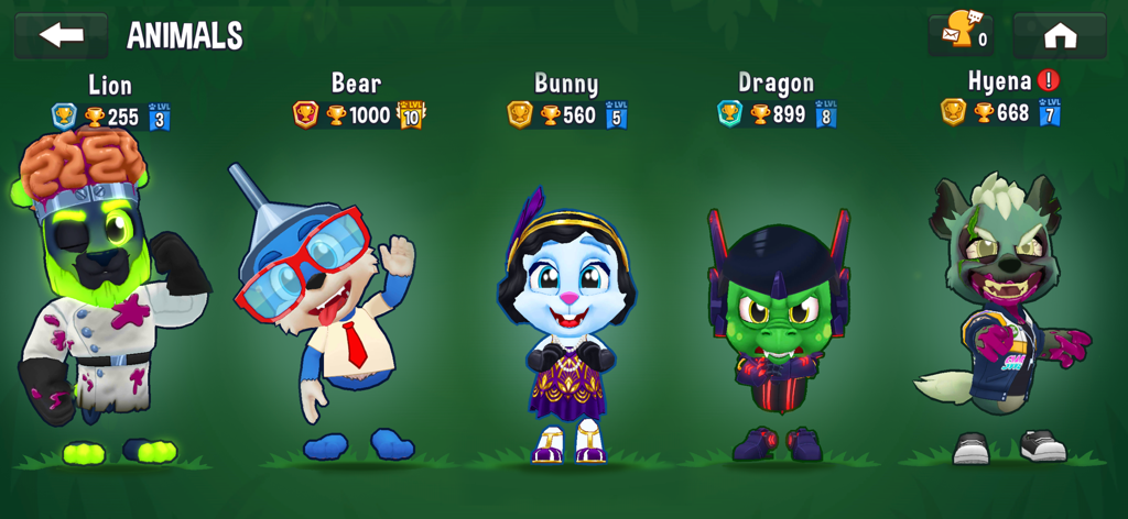 Una fila de cinco personajes animales personalizados con skins y atuendos únicos en Fun Run 4.