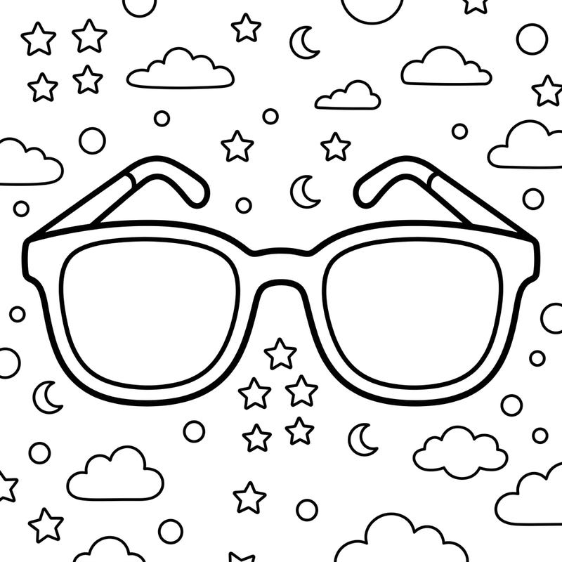 Introduce your little ones to a world of color with this adorable prescription glasses coloring page. Designed specifically for kids aged 4-8, it features bold outlines and a delightful pattern of stars, moons, and clouds.