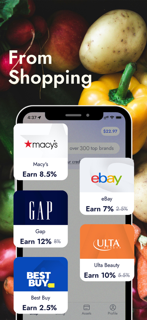 Snaplii: Smart Way to Shop - Snaplii app interface displaying gift card reward percentages for brands including Macy's eBay Gap Ulta Beauty and Best Buy