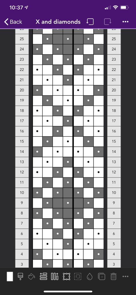 A digital weaving pattern chart for an X and diamonds design within the Warp Visualizer app