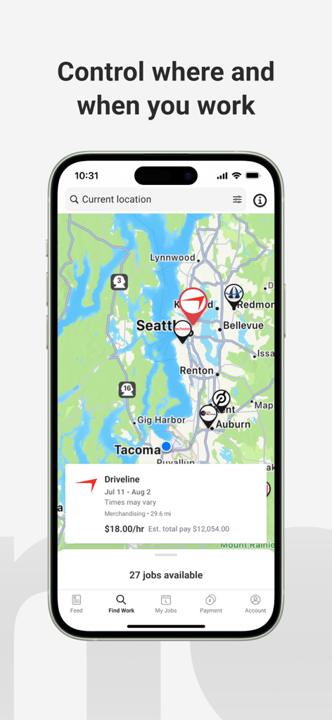 Wonolo - Wonolo app interface showing a map of available shifts and job details in Seattle