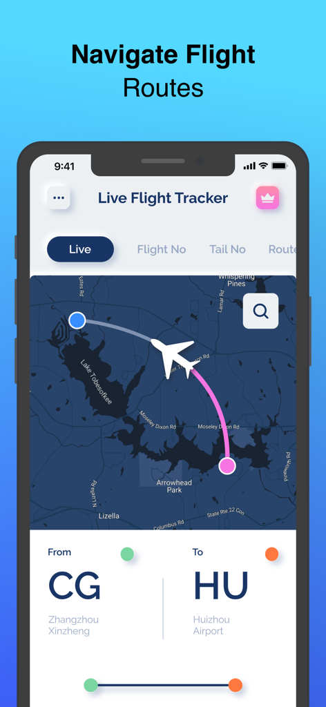 Live Flights Tracker - Interfaccia dell'app mobile che mostra una mappa di rotte di volo live tra due aeroporti con un'icona di aereo