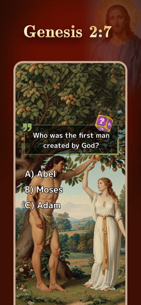 A Bible trivia quiz question from Genesis 2:7 asking who was the first man created by God with an illustration of Adam and Eve