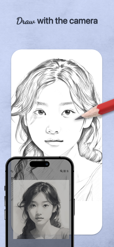 スマートフォンでトレースプロジェクター機能を使用して、紙に肖像画を描く鉛筆