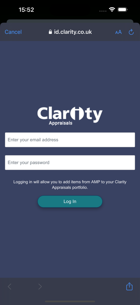 Login screen for the Clarity Appraisals mobile application showing email and password fields