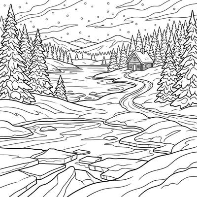 Journey to a peaceful winter wonderland with this captivating coloring page featuring a scenic frozen lake and a cozy cabin nestled among snow-dusted pines. It’s the perfect artistic escape to celebrate the beauty of the cold season.