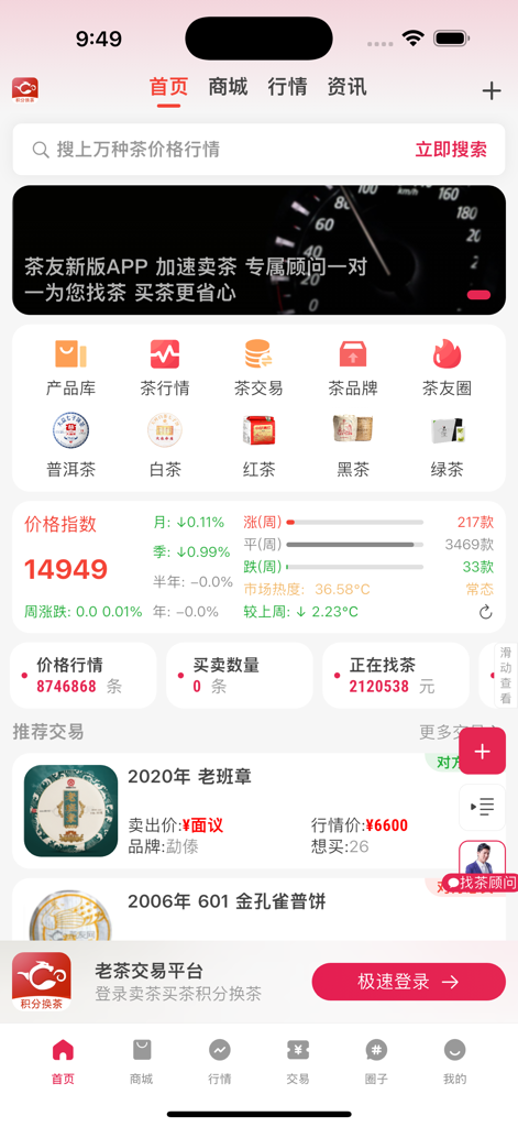 Página inicial do aplicativo Tea Friends Network mostrando índices de preços de chá em tempo real e um mercado profissional para colecionadores de chá.