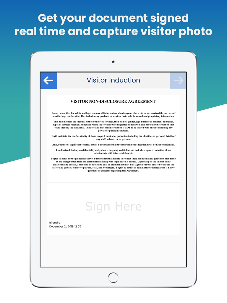 CoReceptionist - Visitor Kiosk - iPad kiosk displaying a digital visitor non disclosure agreement for signing