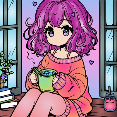 cute anime girl reading book and drinking hot chocolate from mug with loose wavy hair wearing a baggy sweatshirt and shorts sitting by windowsill looking out