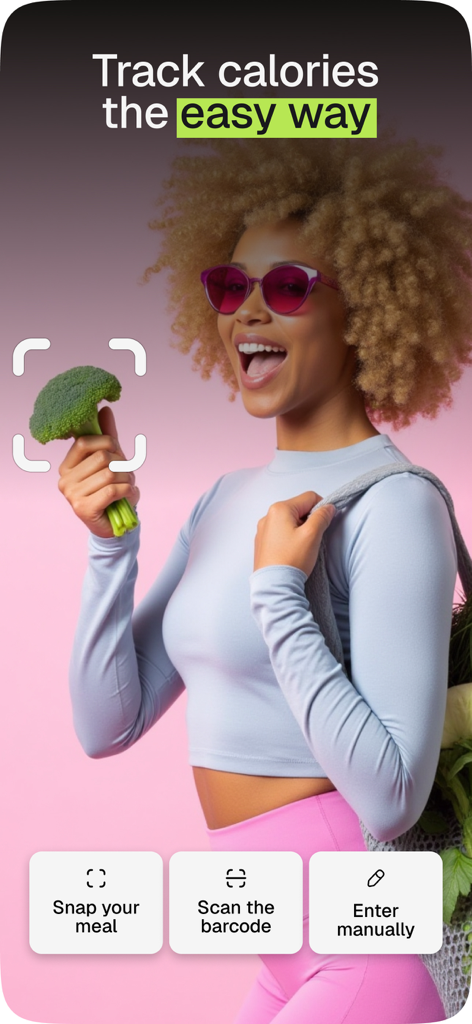 Calori — Calorie Counter, Diet - Una mujer usando la aplicación Calori para rastrear calorías tomando una foto de brócoli.
