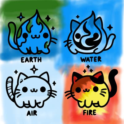 4 cats that represent the different elements, earth, water, air, and fire