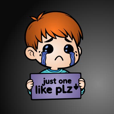 realistic crying boy with a sign saying just one like plz