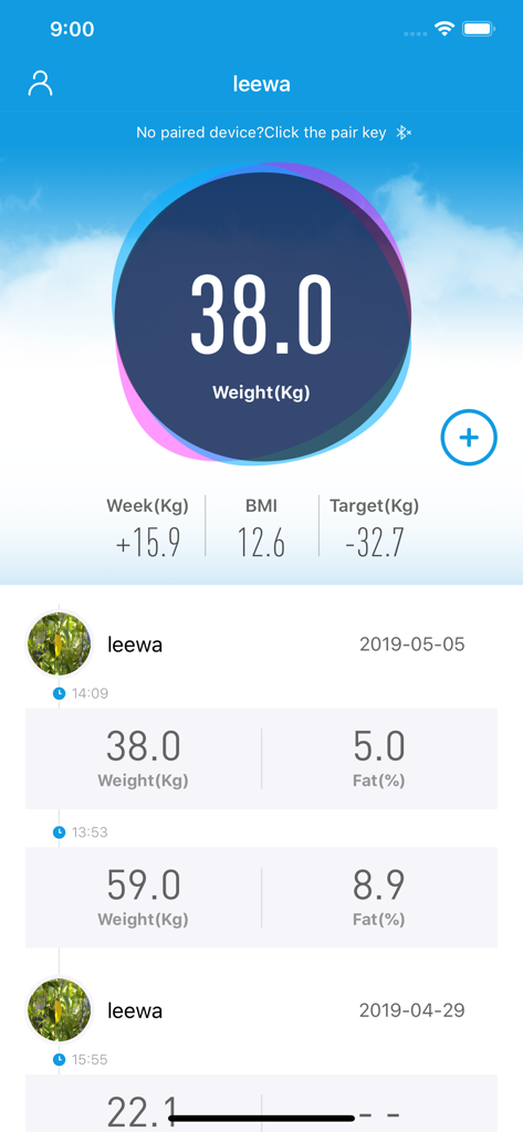 iTek Health Scale - iTek Health Scale app dashboard showing current weight BMI and historical health tracking data