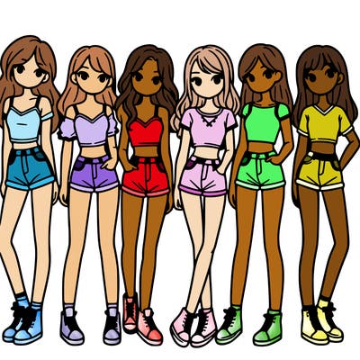 a group of girls wearing crop tops and shorts
