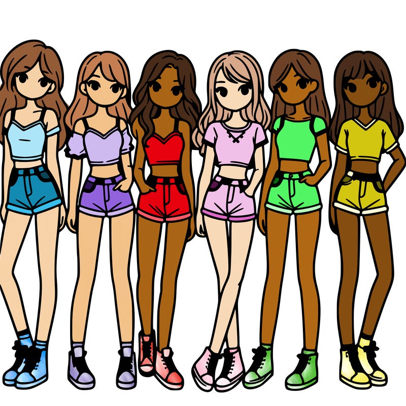a group of girls wearing crop tops and shorts
