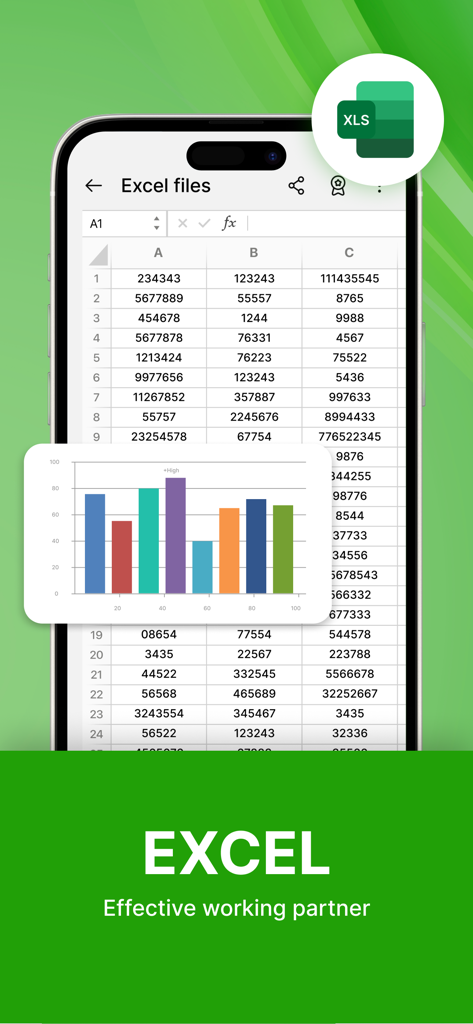PDF Reader - Smart Reader - App Lector de PDF Lector Inteligente mostrando una hoja de cálculo de Excel y un gráfico de datos en un teléfono móvil.