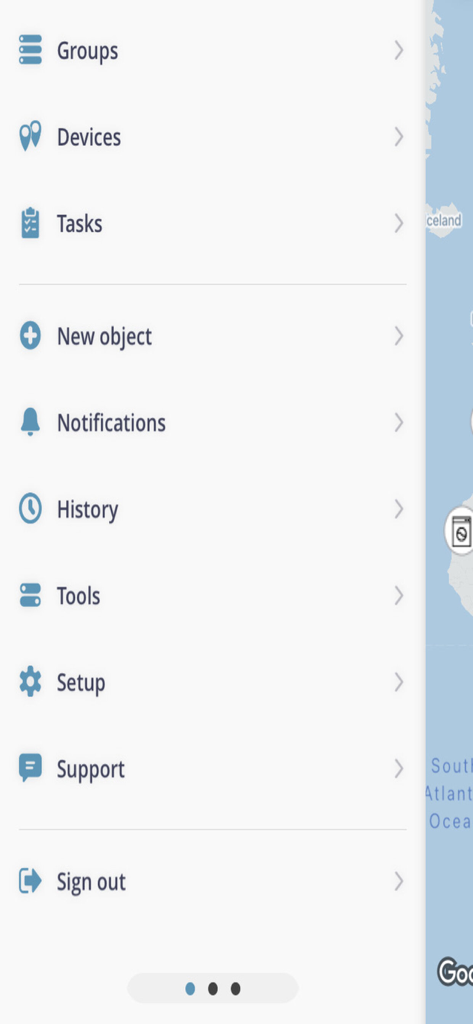 GeoTrack pro - Main sidebar menu of GeoTrack pro app with options for devices tracking history and tasks